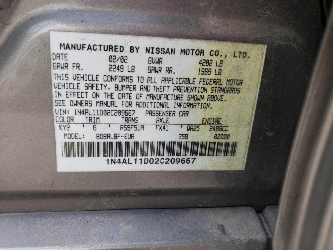 Photo 10 from auction – 2002 NISSAN ALTIMA BAS with VIN 1N4AL11D02C209667