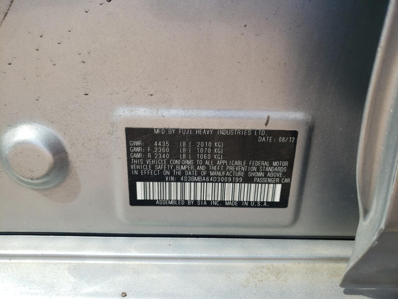 Photo 10 from auction – 2013 SUBARU LEGACY 2.5 with VIN 4S3BMBA64D3009199