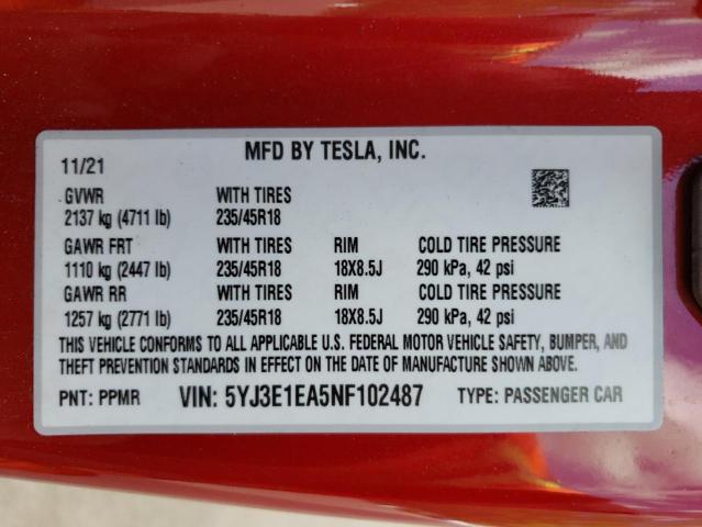 Photo 10 from auction – 2022 TESLA MODEL 3 with VIN 5YJ3E1EA5NF102487