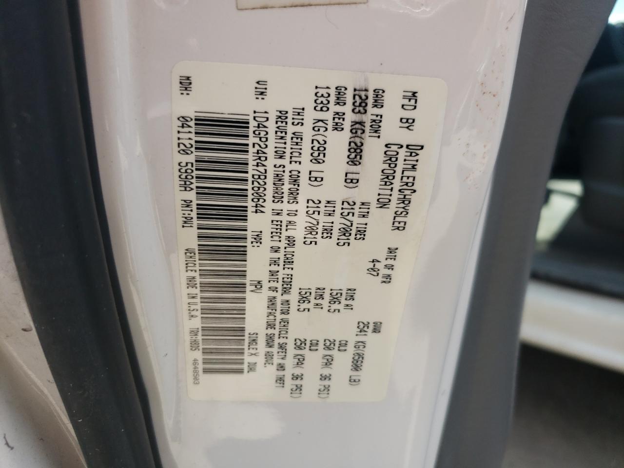 Photo 10 from auction – 2007 DODGE GRAND CARA with VIN 1D4GP24R47B260644