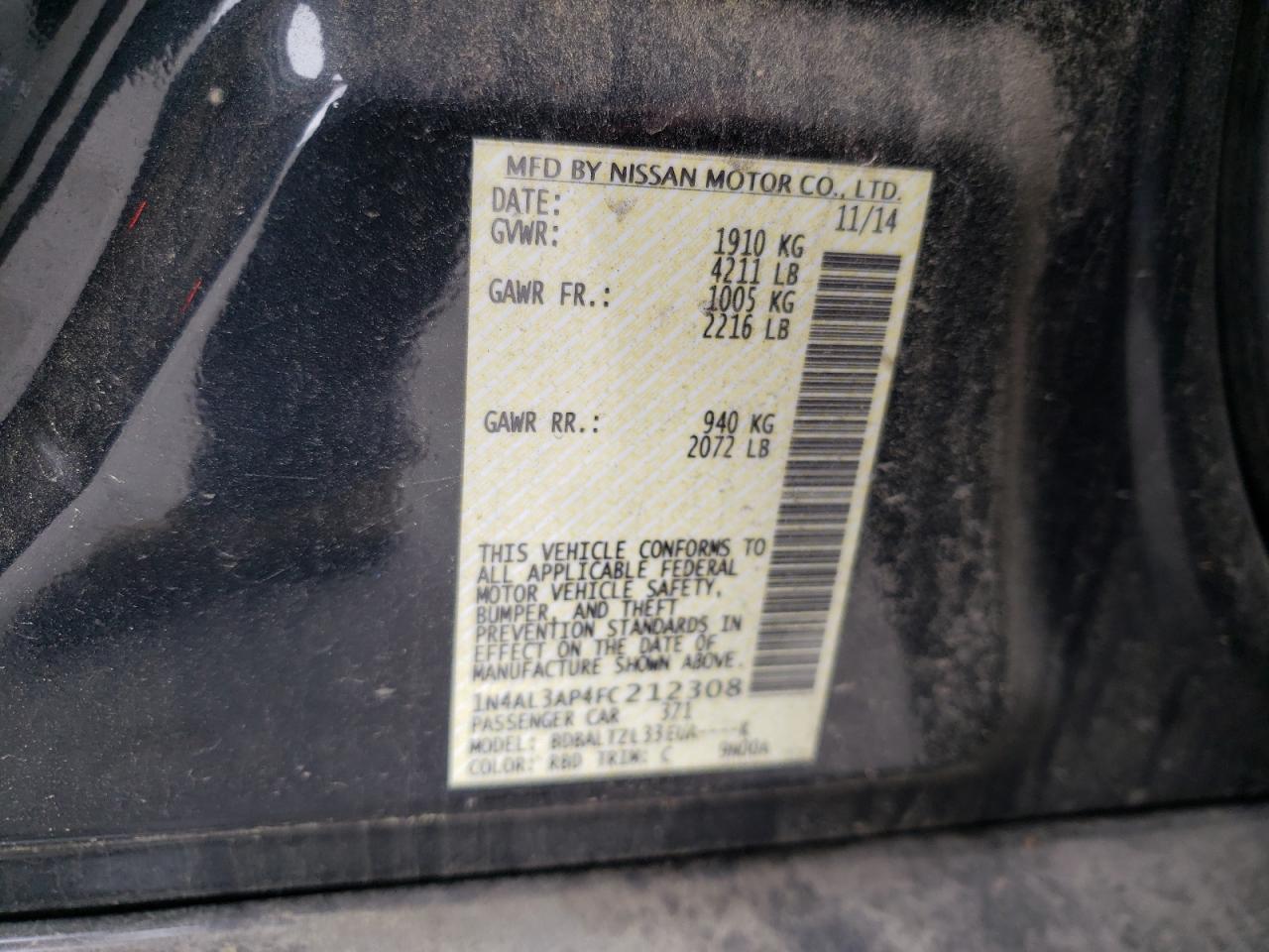 Photo 10 from auction – 2015 NISSAN ALTIMA 2.5 with VIN 1N4AL3AP4FC212308