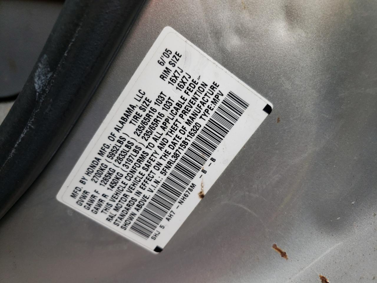 Photo 10 from auction – 2005 HONDA ODYSSEY with VIN 5FNRL38715B116320