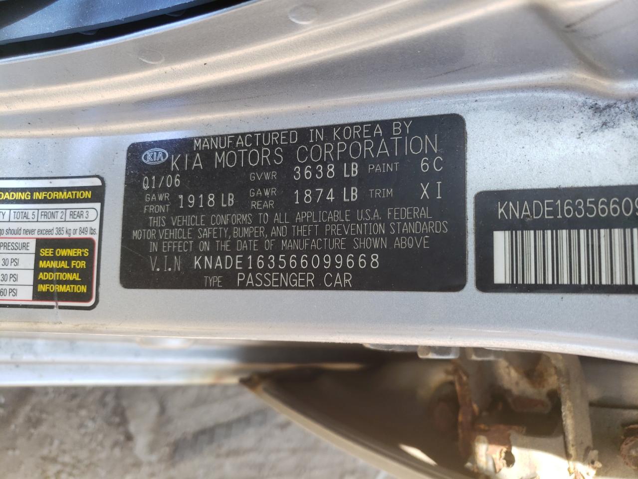 Photo 10 from auction – 2006 KIA RIO 5 with VIN KNADE163566099668