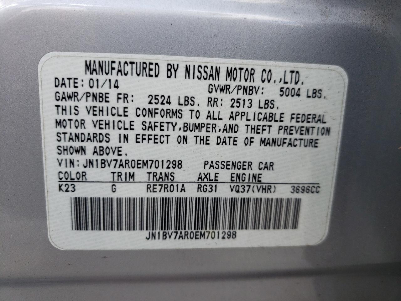 Photo 10 from auction – 2014 INFINITI Q50 BASE with VIN JN1BV7AR0EM701298