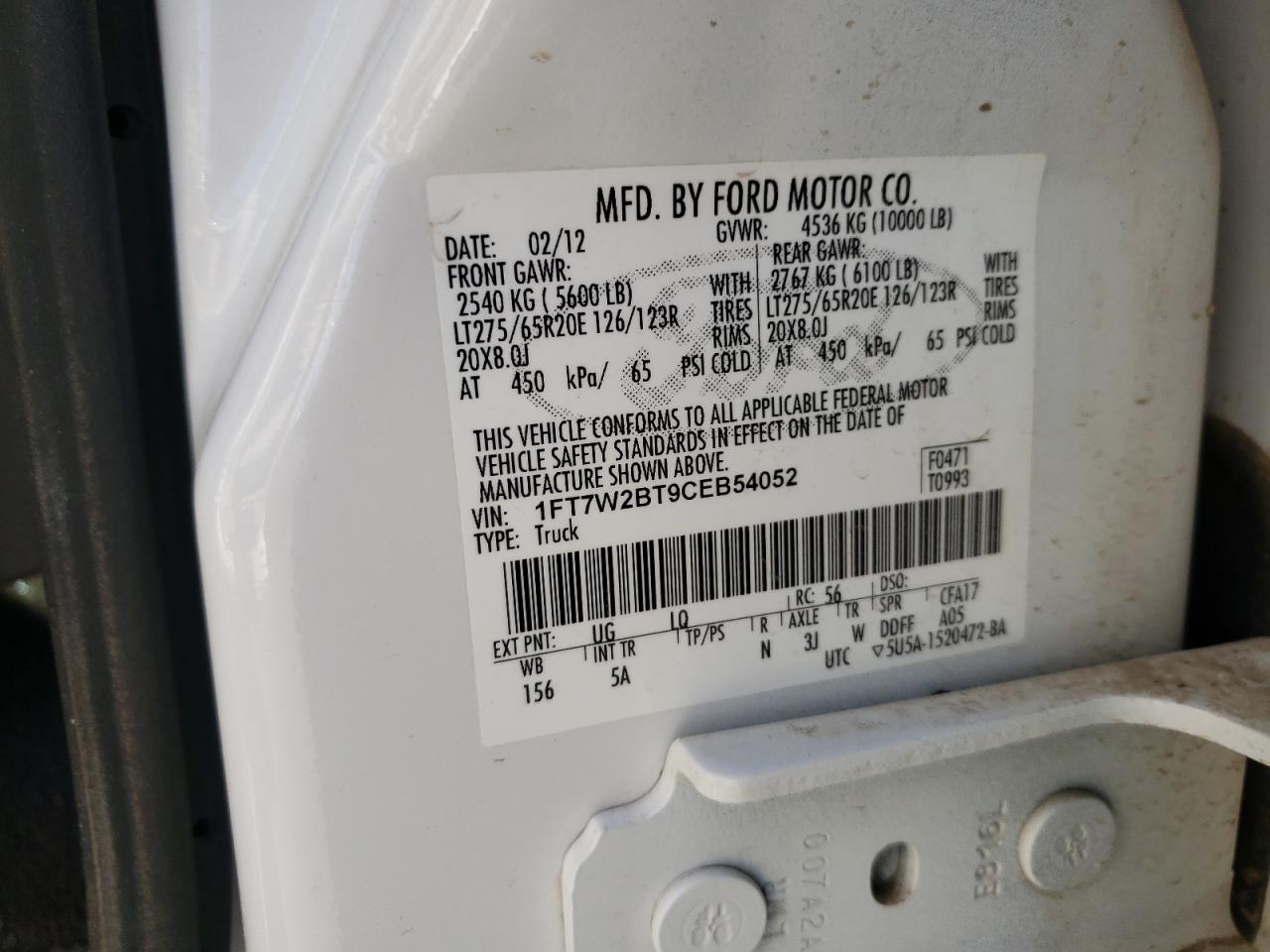 Photo 10 from auction – 2012 FORD F250 SUPER with VIN 1FT7W2BT9CEB54052