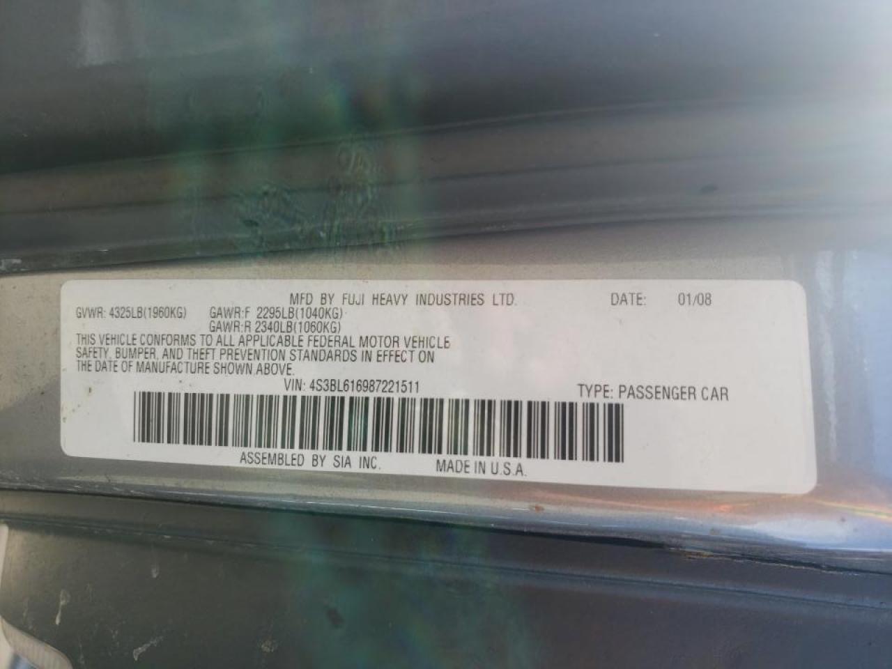 Photo 10 from auction – 2008 SUBARU LEGACY 2.5 with VIN 4S3BL616987221511