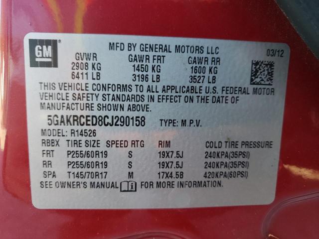 BUICK ENCLAVE 2012 with VIN 5GAKRCED8CJ290158 - Photo from auction