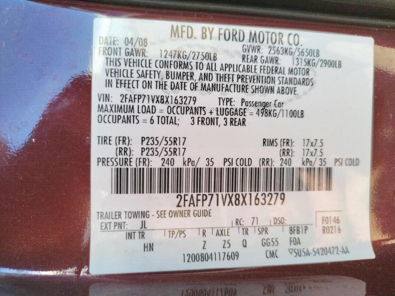 Photo 10 from auction – 2008 FORD CROWN VICT with VIN 2FAFP71VX8X163279