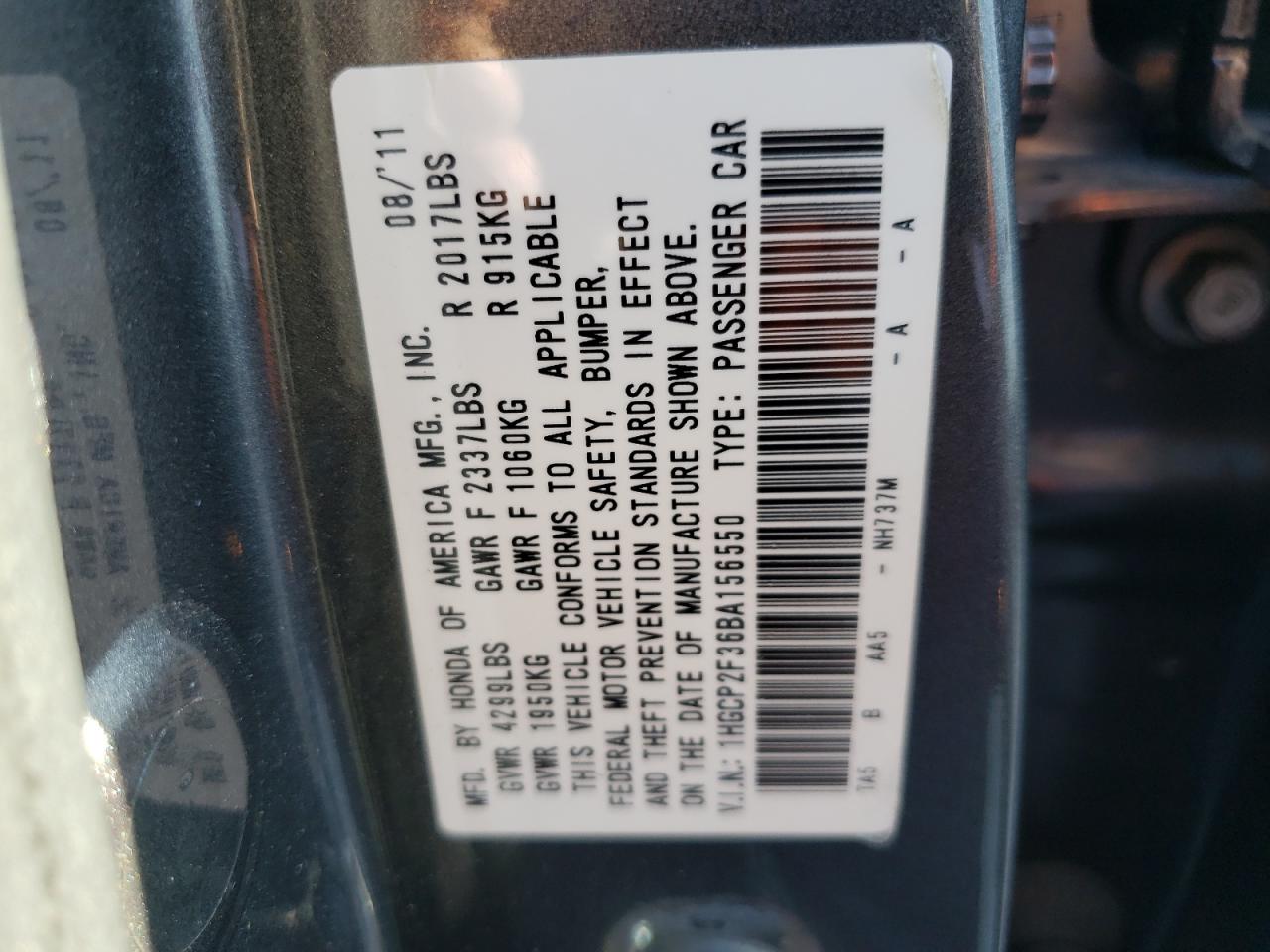 Photo 10 from auction – 2011 HONDA ACCORD LX with VIN 1HGCP2F36BA156550