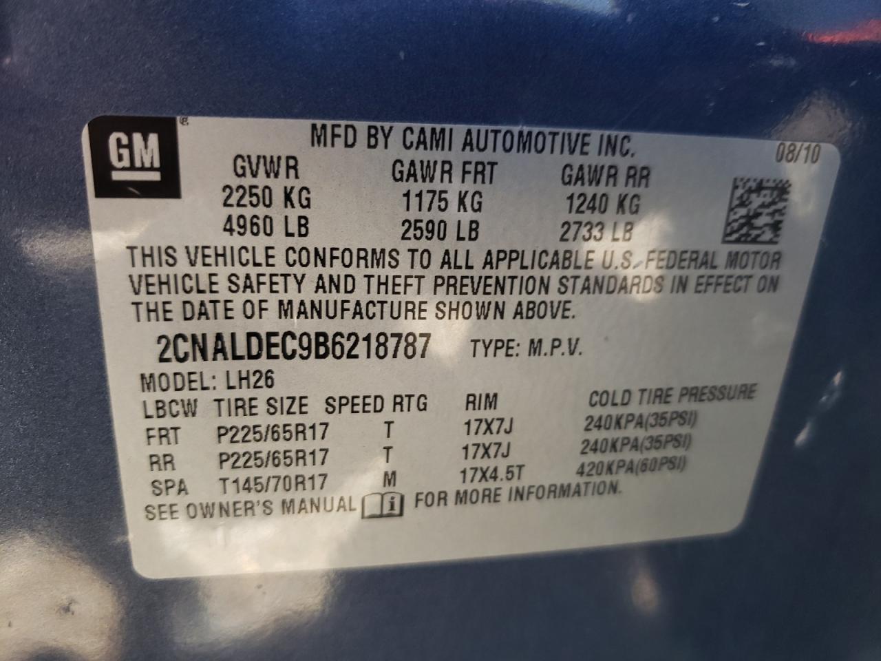 Photo 10 from auction – 2011 CHEVROLET EQUINOX LT with VIN 2CNALDEC9B6218787