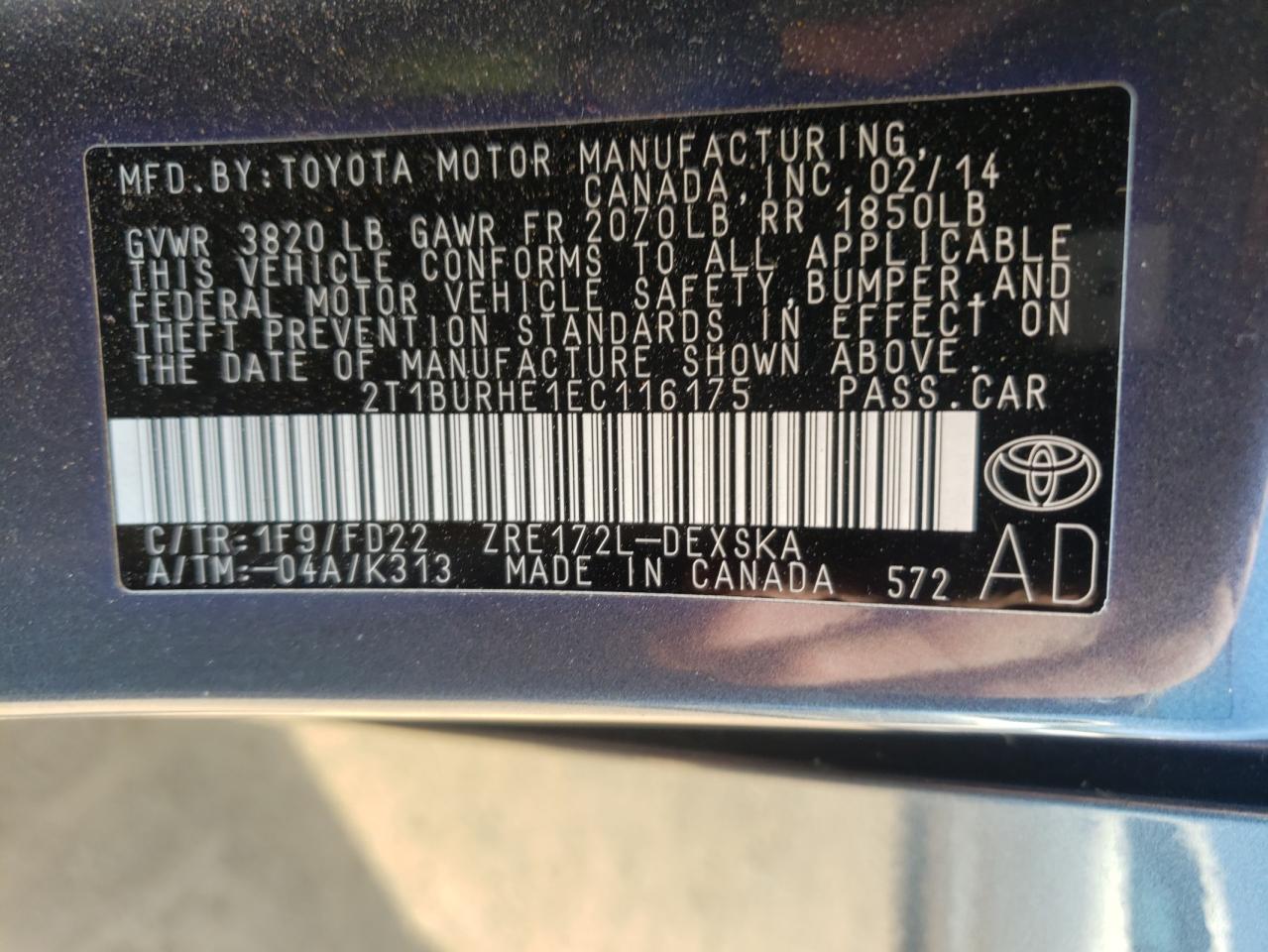 Photo 10 from auction – 2014 TOYOTA COROLLA L with VIN 2T1BURHE1EC116175