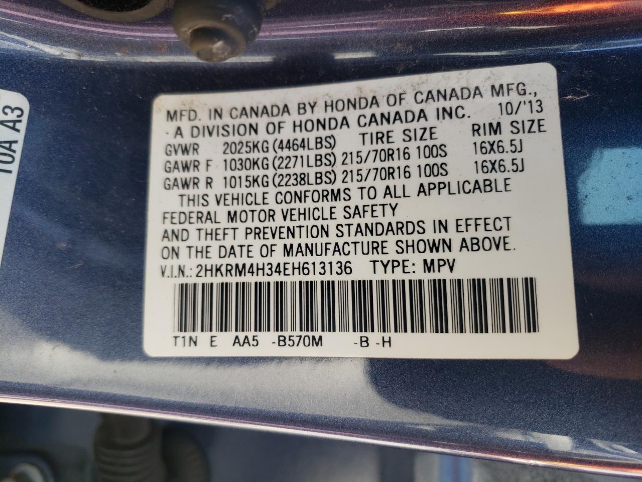 Photo 10 from auction – 2014 HONDA CR-V LX with VIN 2HKRM4H34EH613136