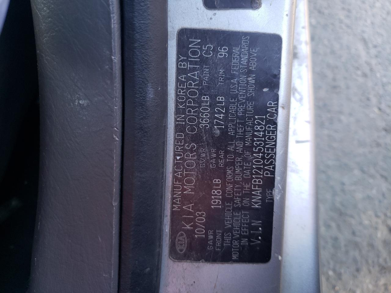 Photo 10 from auction – 2004 KIA SPECTRA BA with VIN KNAFB121045314821