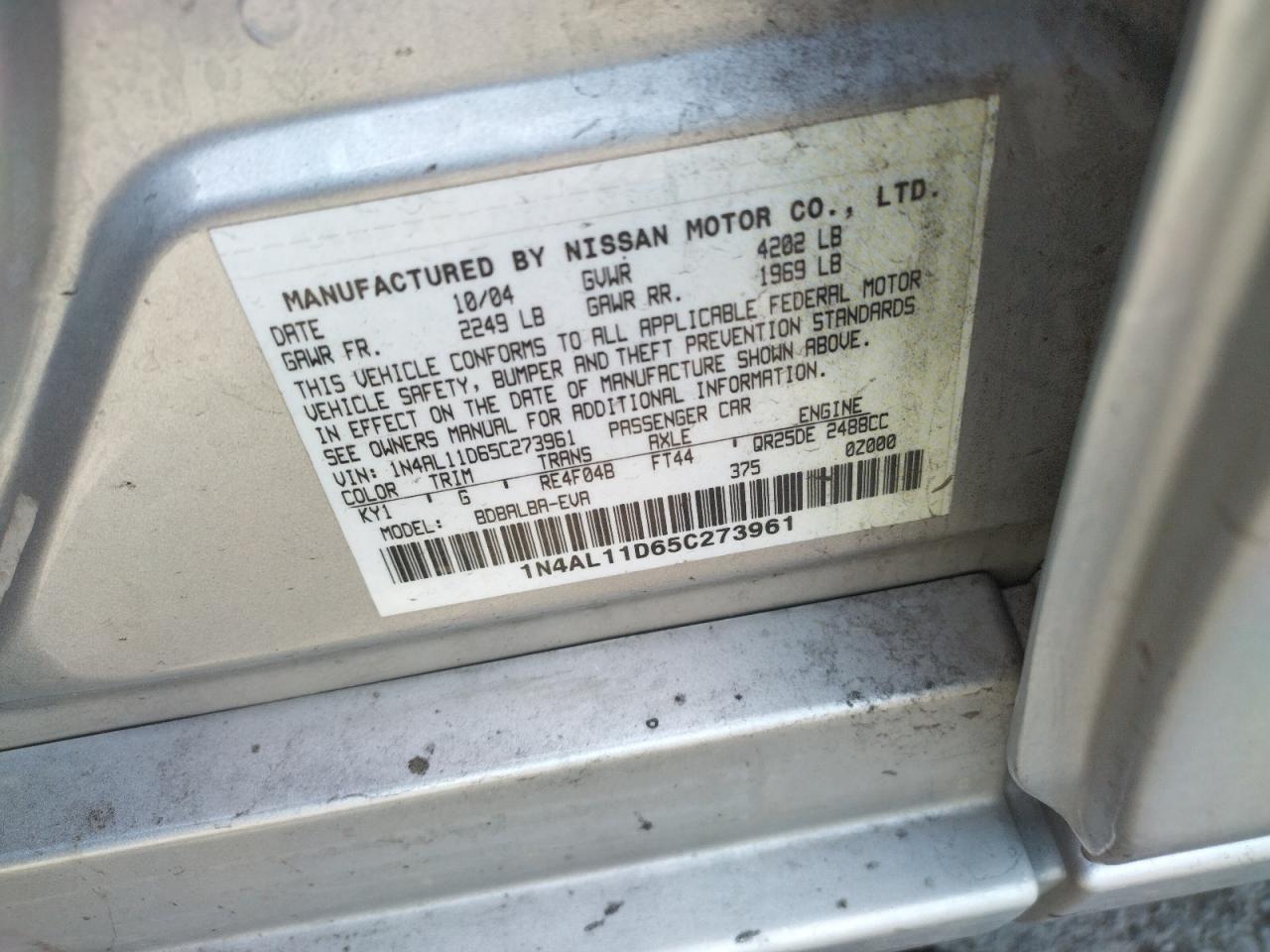Photo 10 from auction – 2005 NISSAN ALTIMA S with VIN 1N4AL11D65C273961