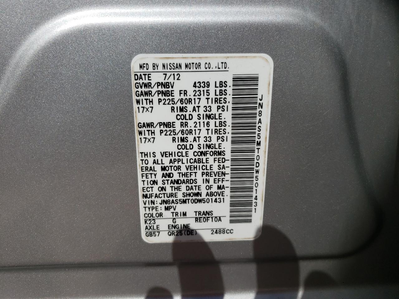 Photo 10 from auction – 2013 NISSAN ROGUE S with VIN JN8AS5MT0DW501431
