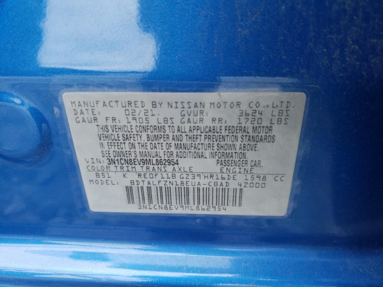 Photo 10 from auction – 2021 NISSAN VERSA SV with VIN 3N1CN8EV9ML862954