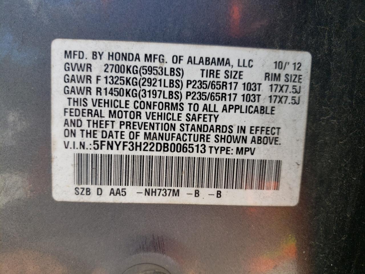 Photo 11 from auction – 2013 HONDA PILOT LX with VIN 5FNYF3H22DB006513