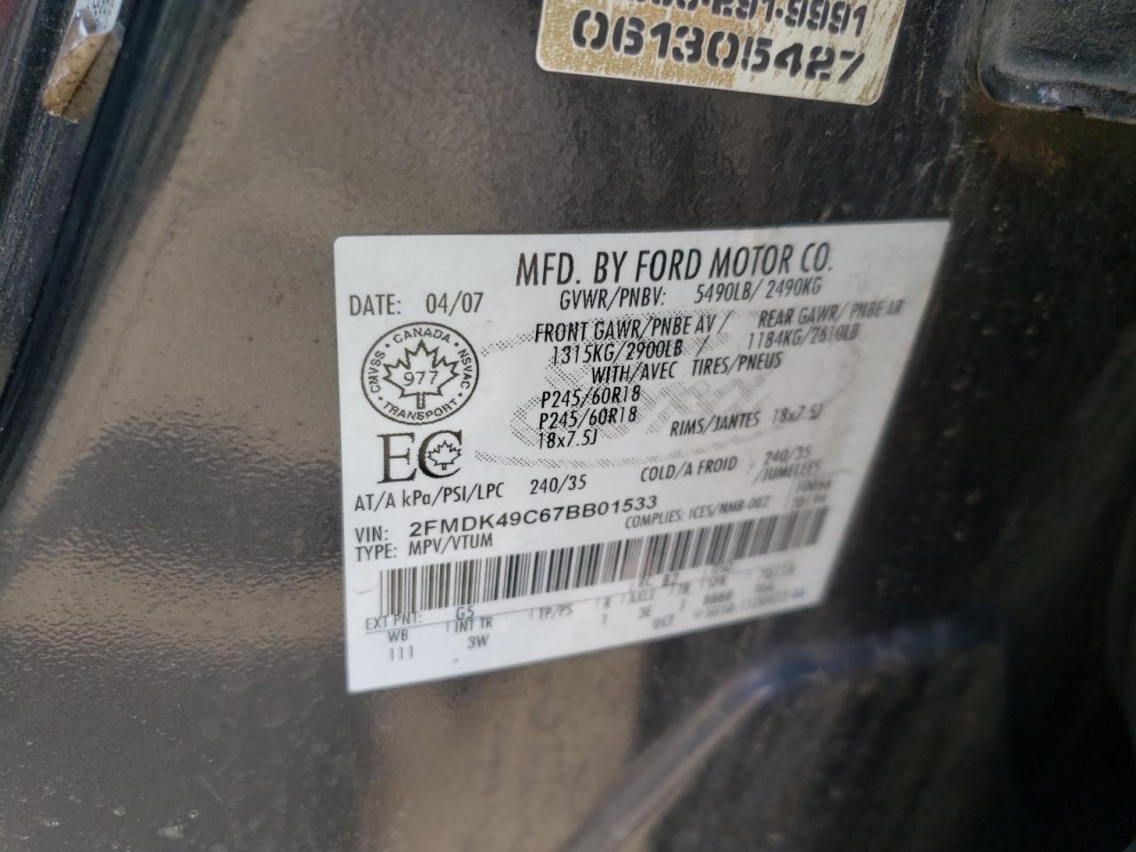 Photo 10 from auction – 2007 FORD EDGE SEL P with VIN 2FMDK49C67BB01533