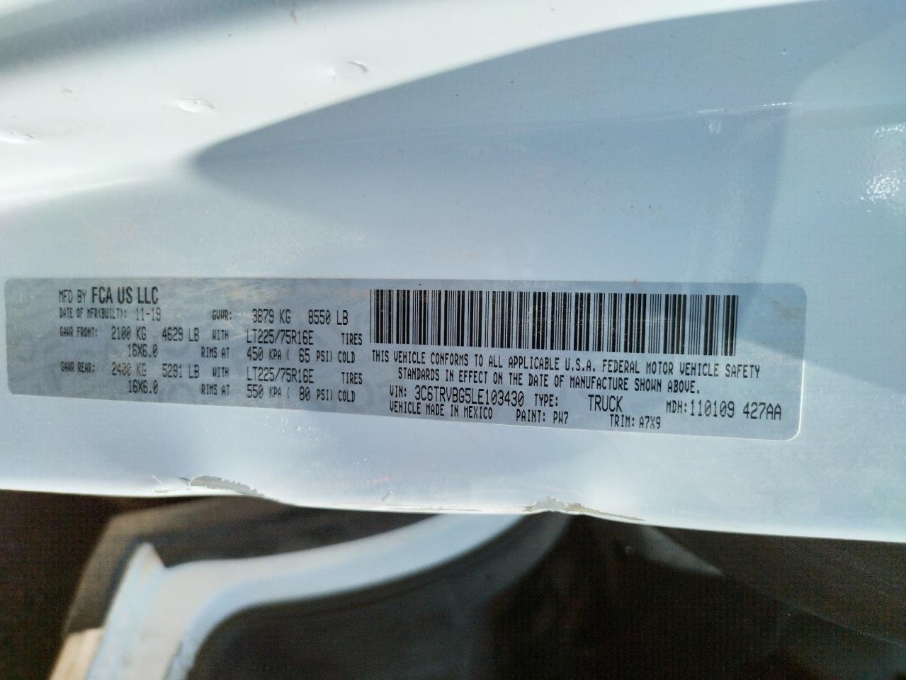 Photo 10 from auction – 2020 RAM PROMASTER with VIN 3C6TRVBG5LE103430