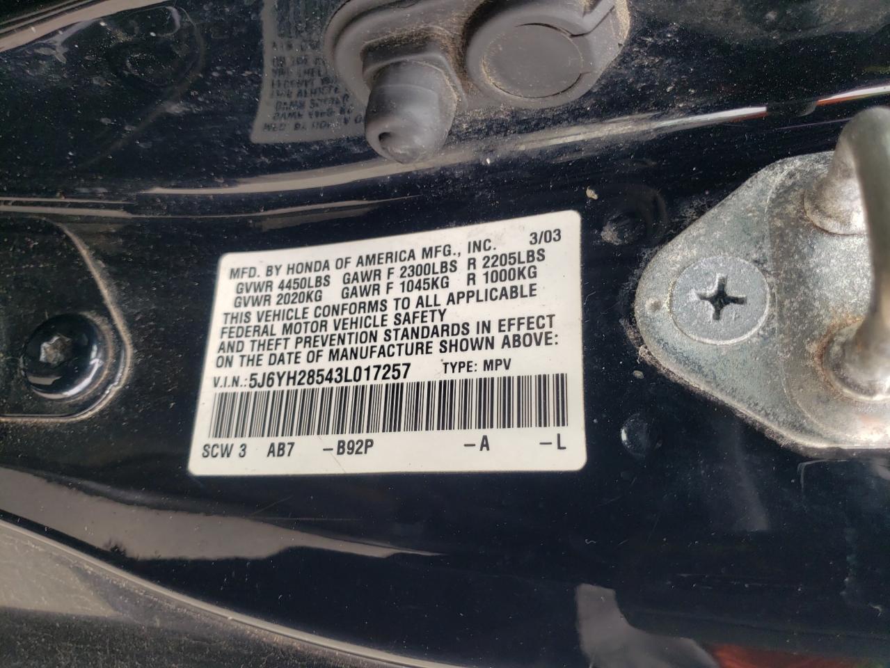 Photo 10 from auction – 2003 HONDA ELEMENT EX with VIN 5J6YH28543L017257