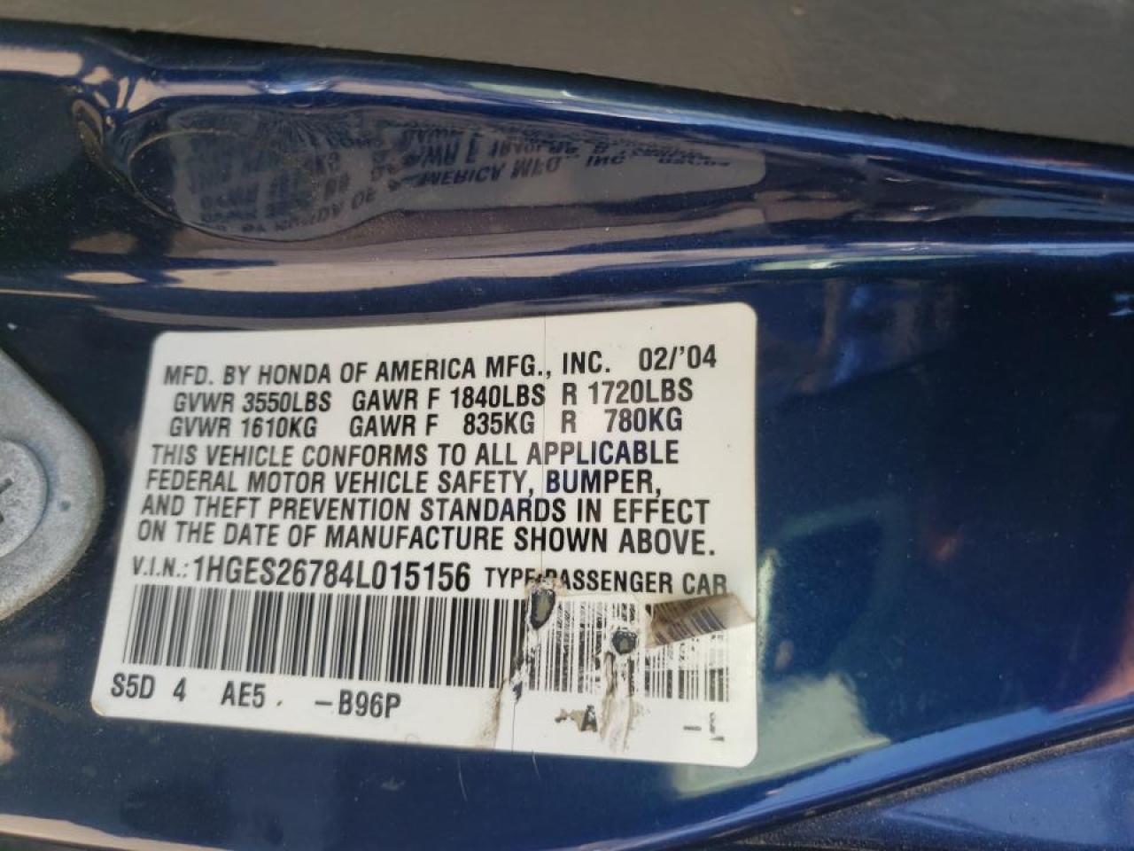 Photo 10 from auction – 2004 HONDA CIVIC EX with VIN 1HGES26784L015156