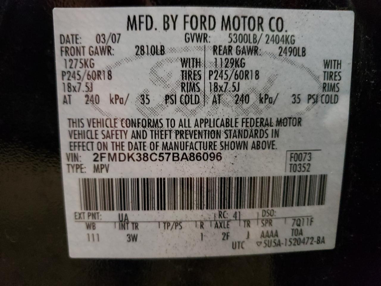 Photo 10 from auction – 2007 FORD EDGE SEL with VIN 2FMDK38C57BA86096