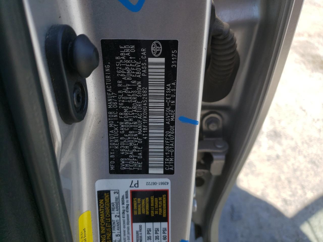 Photo 10 from auction – 2017 TOYOTA CAMRY LE with VIN 4T1BF1FK0HU452682