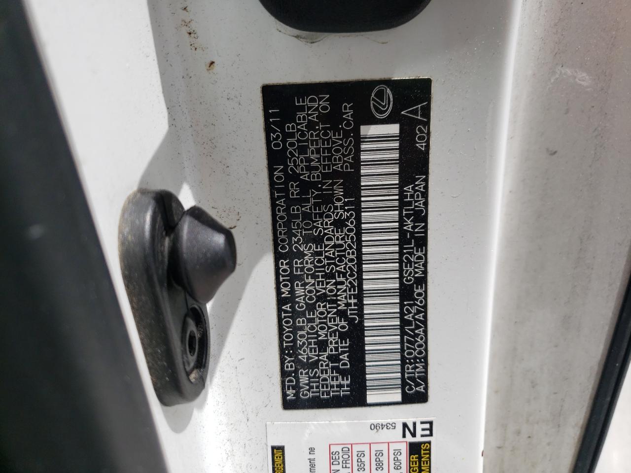 Photo 10 from auction – 2011 LEXUS IS 350 with VIN JTHFE2C20B2506311
