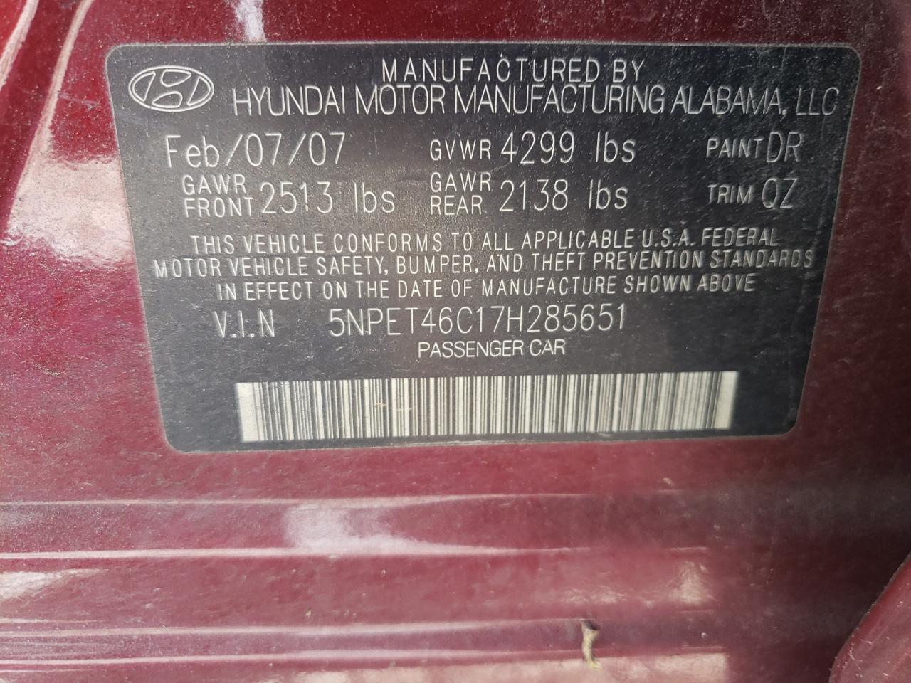 Photo 10 from auction – 2007 HYUNDAI SONATA GLS with VIN 5NPET46C17H285651