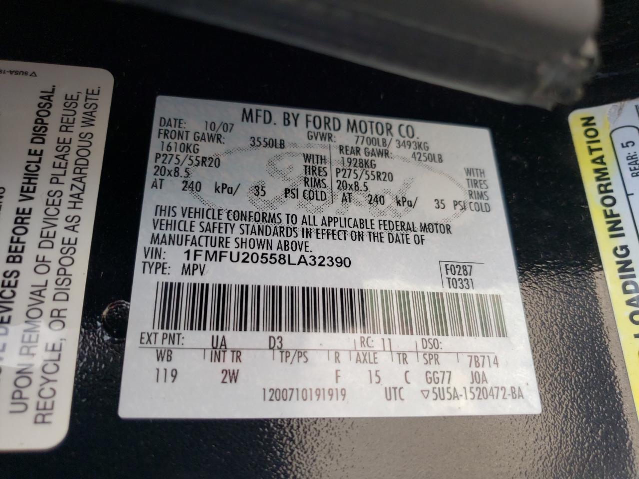 Photo 10 from auction – 2008 FORD EXPEDITION with VIN 1FMFU20558LA32390