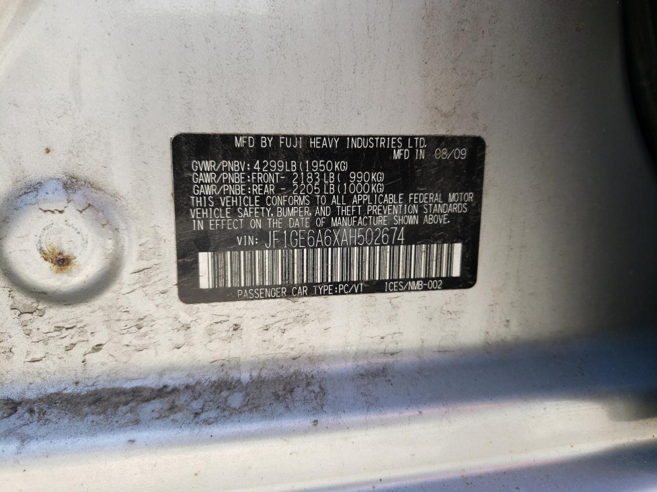 Photo 10 from auction – 2010 SUBARU IMPREZA with VIN JF1GE6A6XAH502674