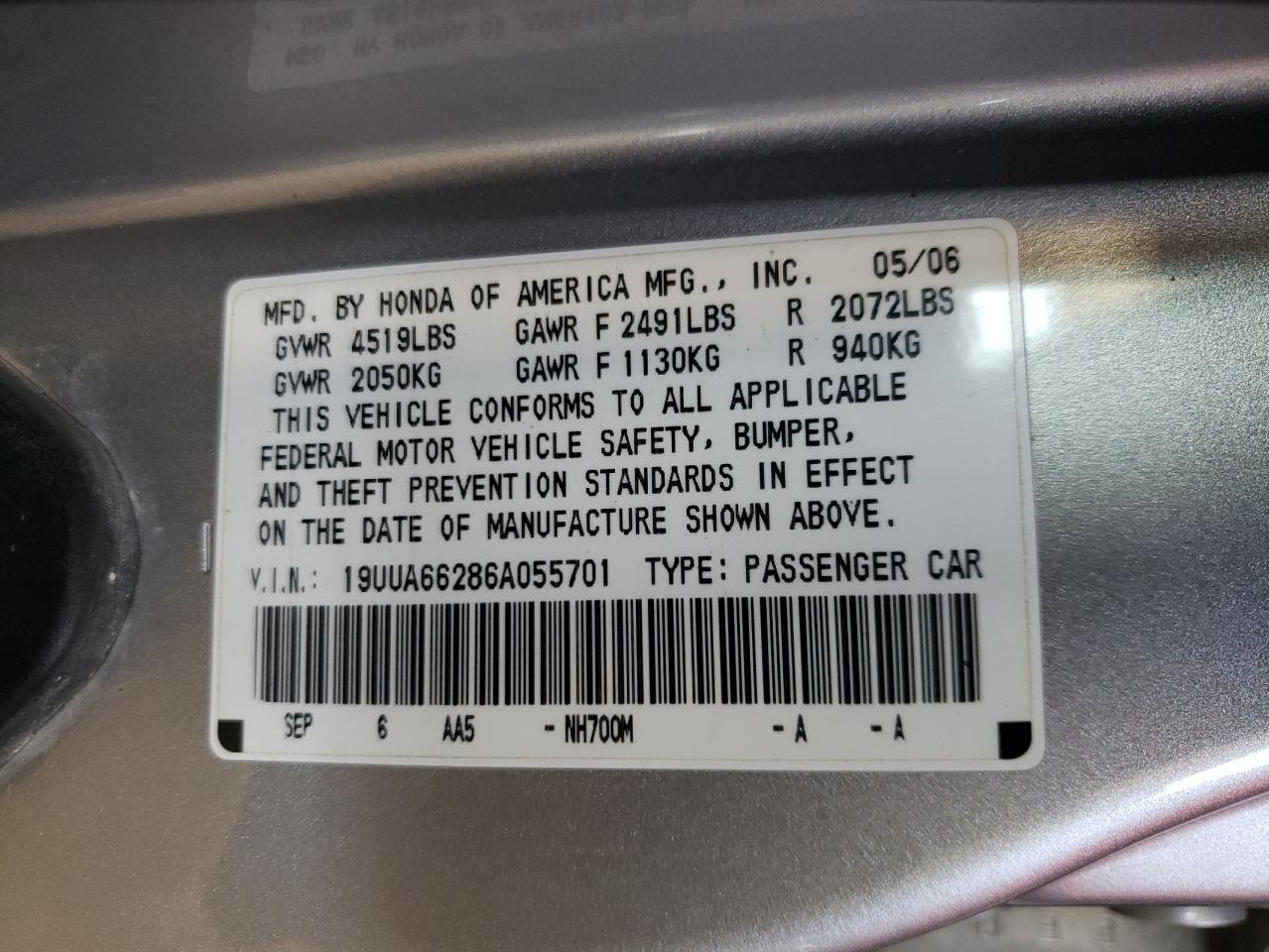 Photo 10 from auction – 2006 ACURA 3.2TL with VIN 19UUA66286A055701
