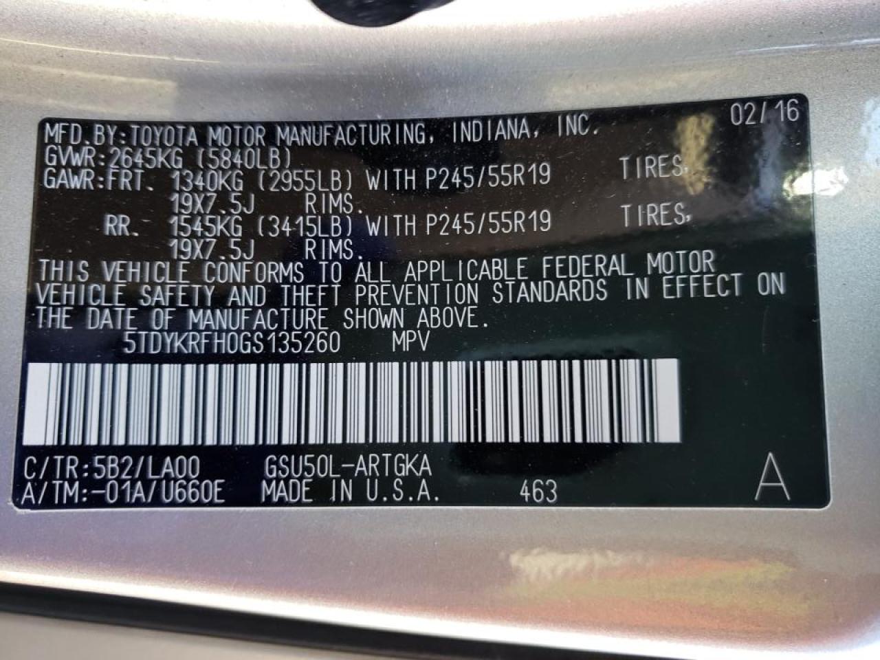 Photo 10 from auction – 2016 TOYOTA HIGHLANDER with VIN 5TDYKRFH0GS135260