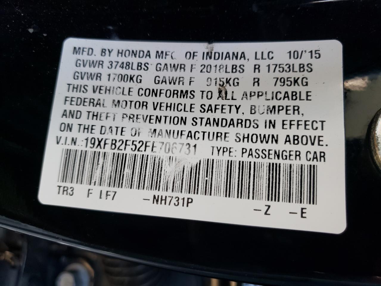 Photo 10 from auction – 2015 HONDA CIVIC LX with VIN 19XFB2F52FE706731