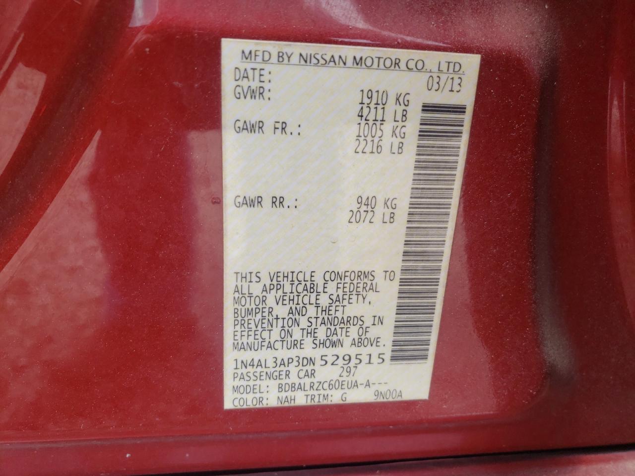 Photo 10 from auction – 2013 NISSAN ALTIMA 2.5 with VIN 1N4AL3AP3DN529515
