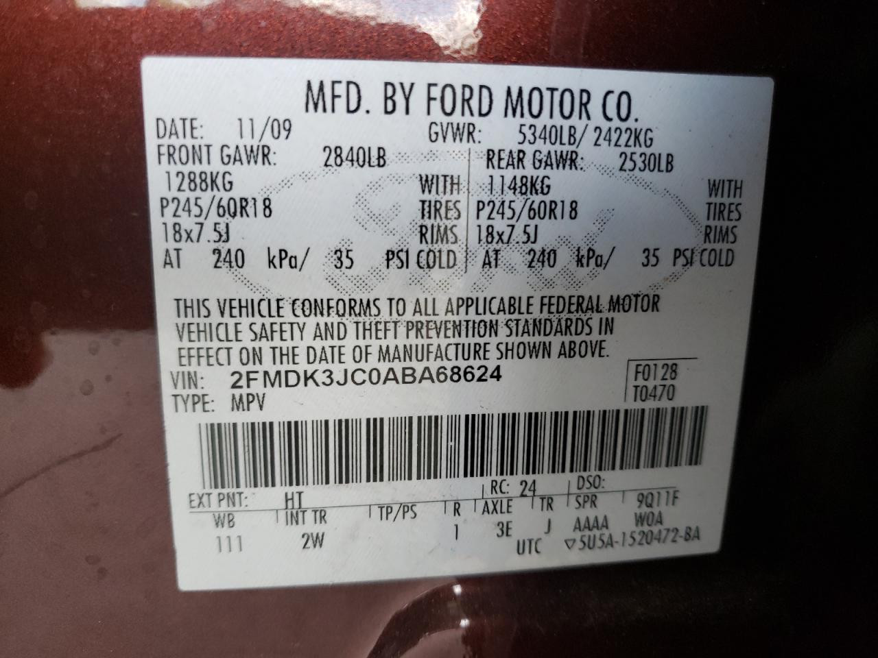 Photo 10 from auction – 2010 FORD EDGE SEL with VIN 2FMDK3JC0ABA68624
