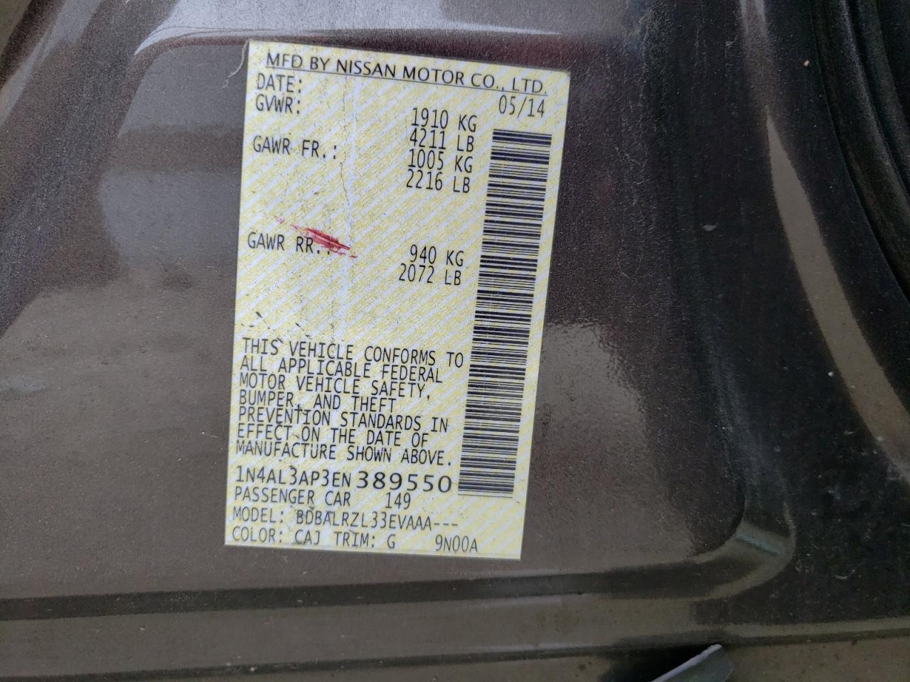Photo 10 from auction – 2014 NISSAN ALTIMA with VIN 1N4AL3AP3EN389550