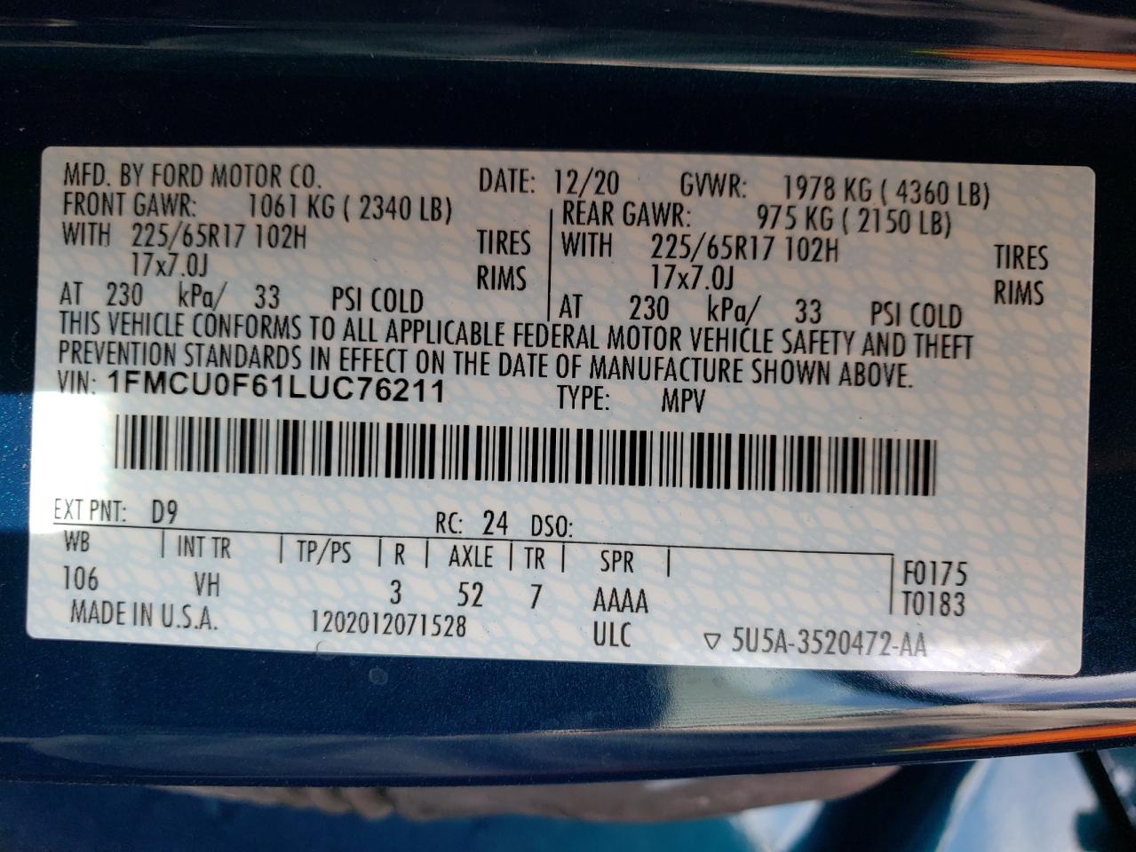 Photo 10 from auction – 2020 FORD ESCAPE S with VIN 1FMCU0F61LUC76211