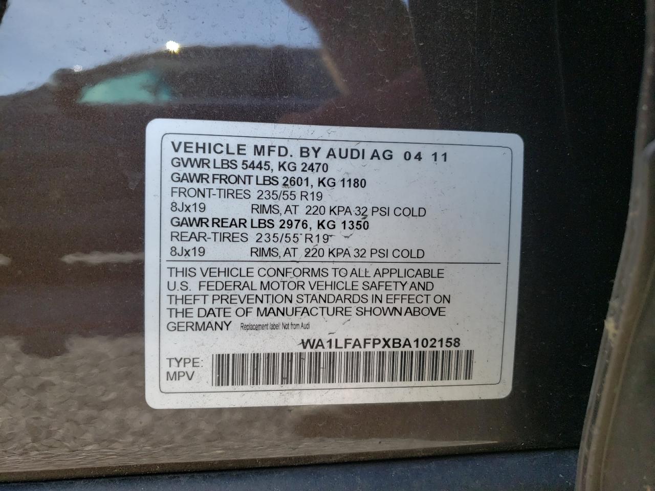 Photo 10 from auction – 2011 AUDI Q5 PREMIUM with VIN WA1LFAFPXBA102158