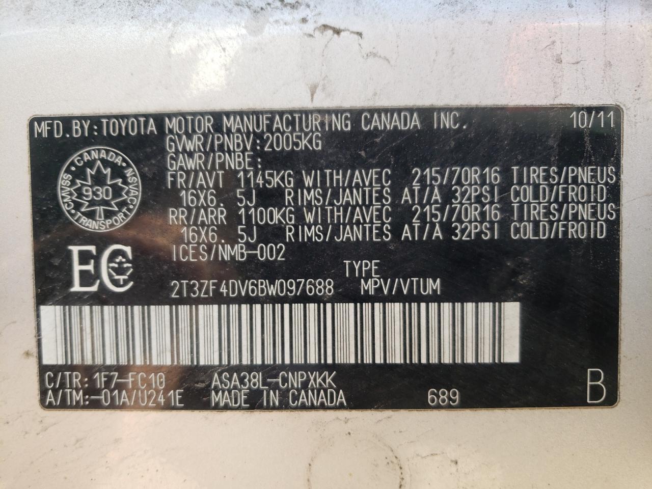 Photo 10 from auction – 2011 TOYOTA RAV4 with VIN 2T3ZF4DV6BW097688