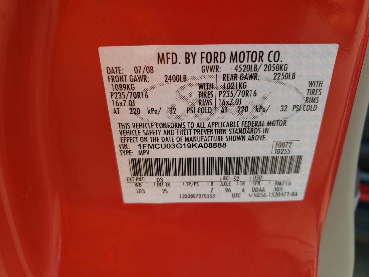 Photo 10 from auction – 2009 FORD ESCAPE XLT with VIN 1FMCU03G19KA08888