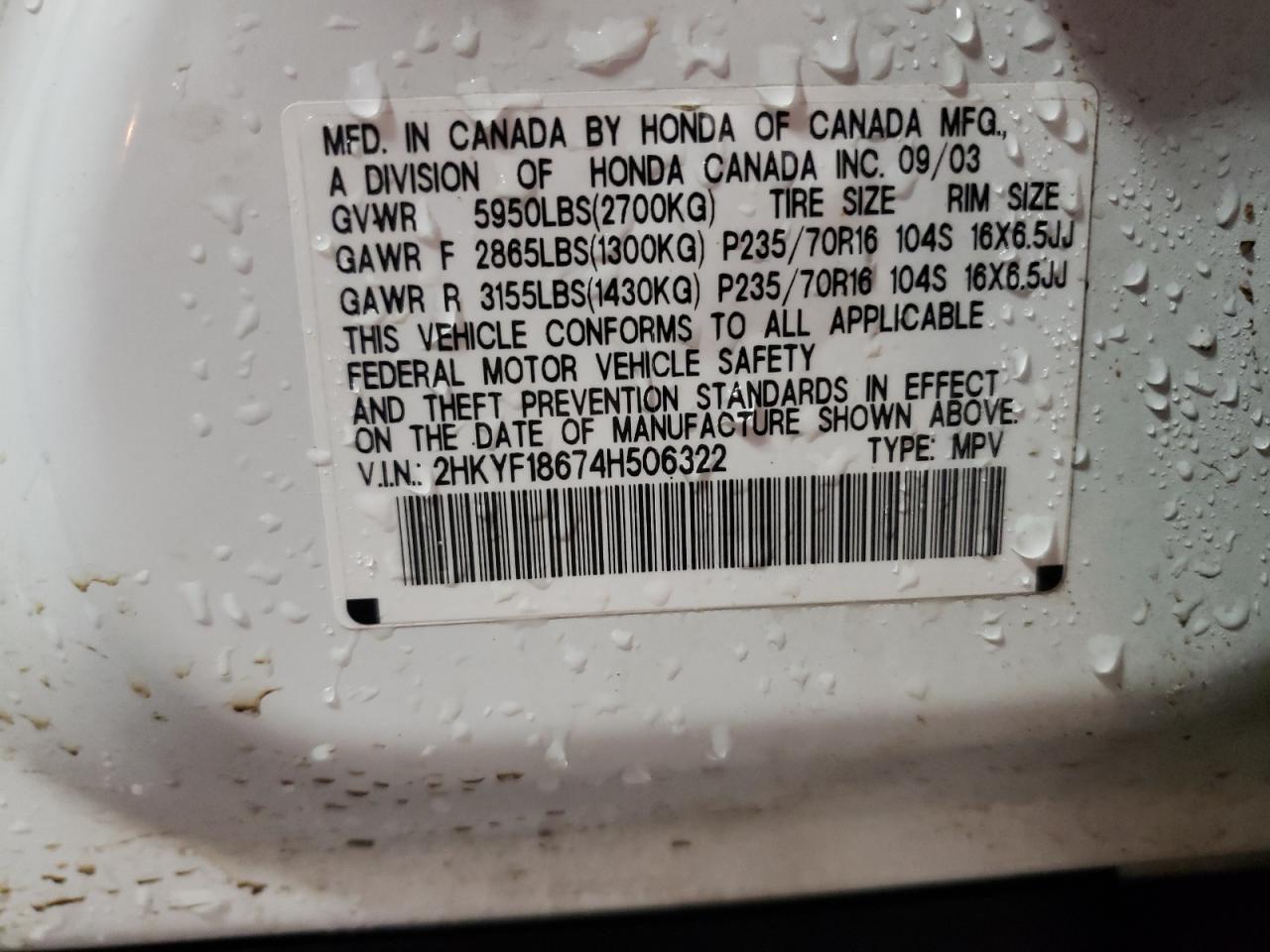Photo 10 from auction – 2004 HONDA PILOT EXL with VIN 2HKYF18674H506322