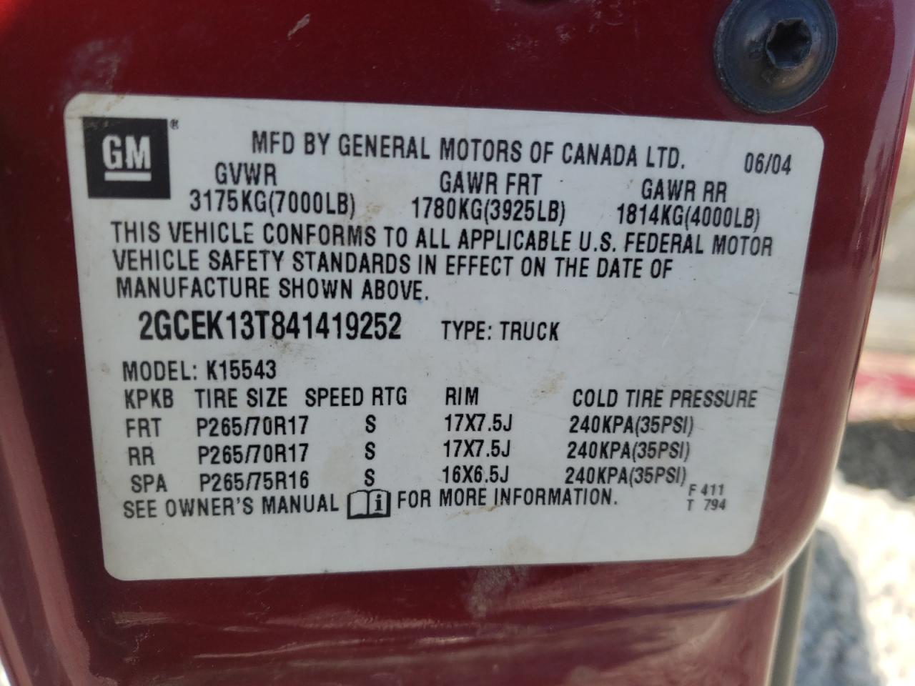 Photo 10 from auction – 2004 CHEVROLET SILVERADO with VIN 2GCEK13T841419252