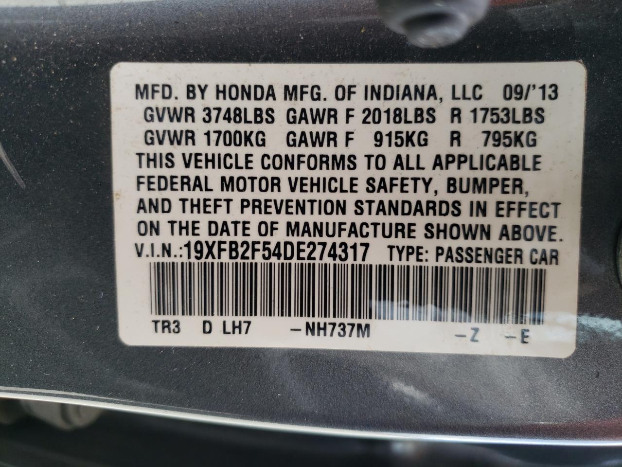 Photo 10 from auction – 2013 HONDA CIVIC LX with VIN 19XFB2F54DE274317