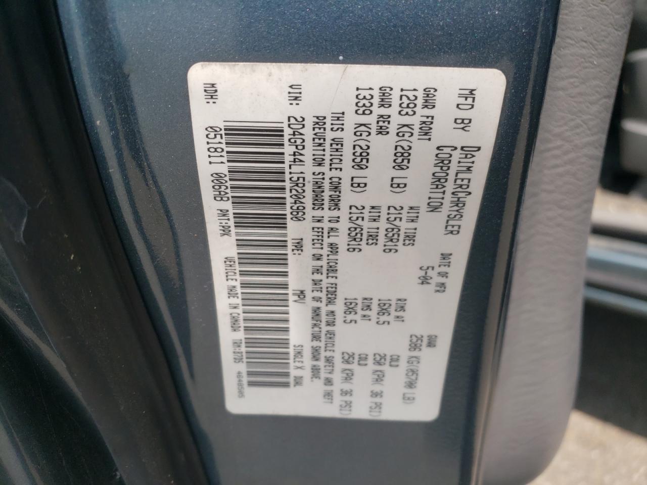 Photo 10 from auction – 2005 DODGE GRAND CARA with VIN 2D4GP44L15R204960