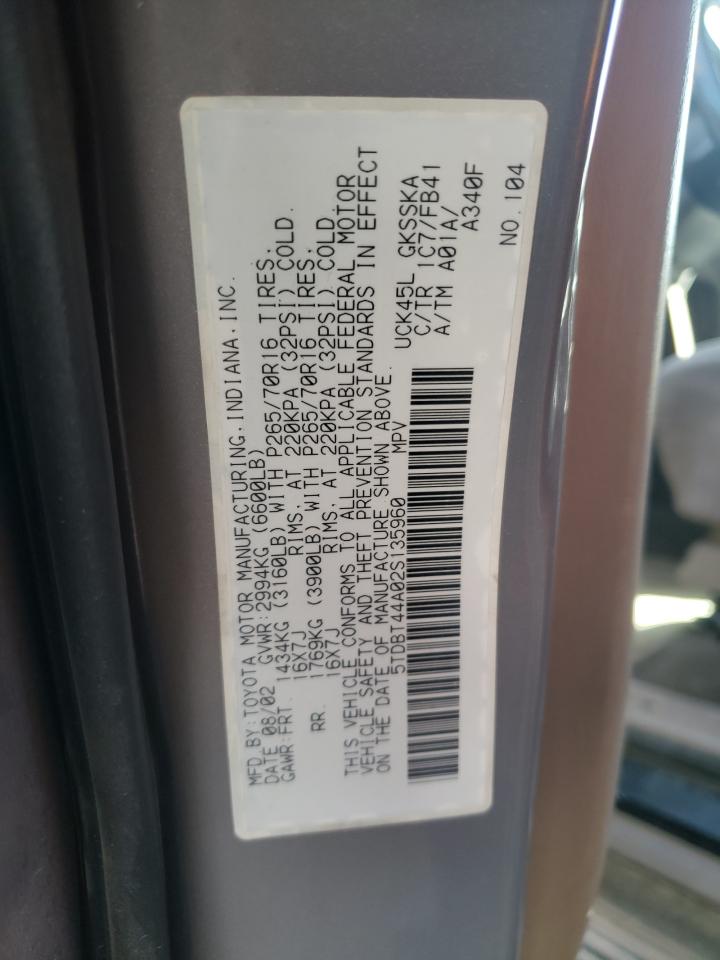 Photo 10 from auction – 2002 TOYOTA SEQUOIA SR with VIN 5TDBT44A02S135960