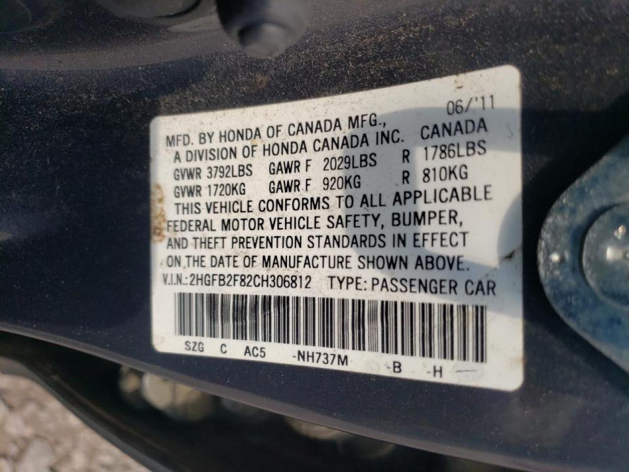 Photo 10 from auction – 2012 HONDA CIVIC EX with VIN 2HGFB2F82CH306812