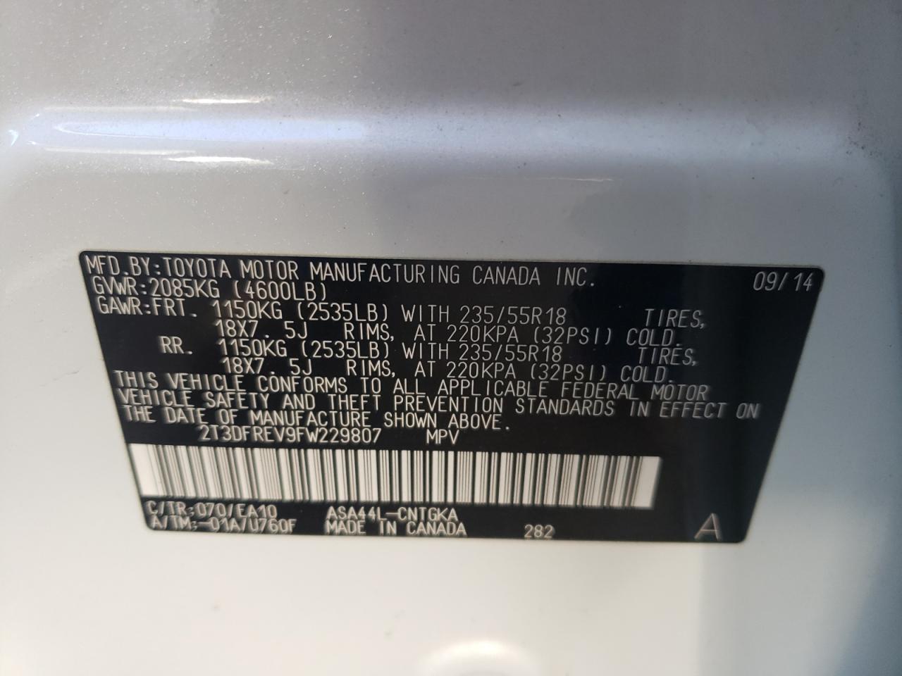 Photo 10 from auction – 2015 TOYOTA RAV4 LIMIT with VIN 2T3DFREV9FW229807
