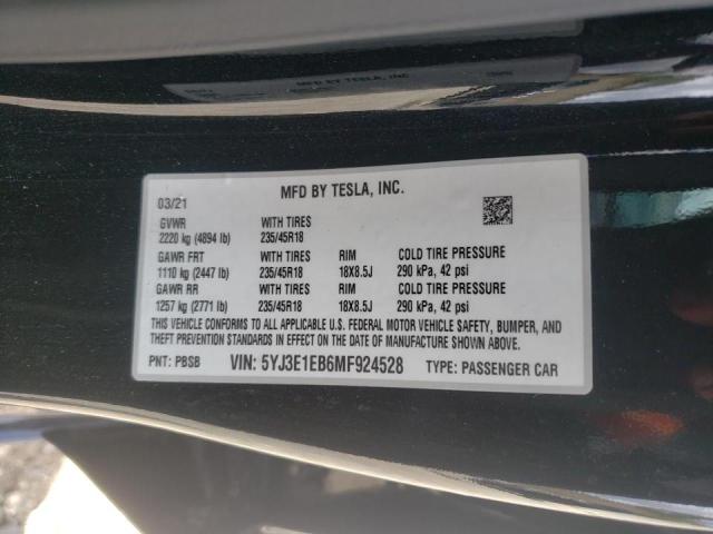 Photo 10 from auction – 2021 TESLA MODEL 3 with VIN 5YJ3E1EB6MF924528