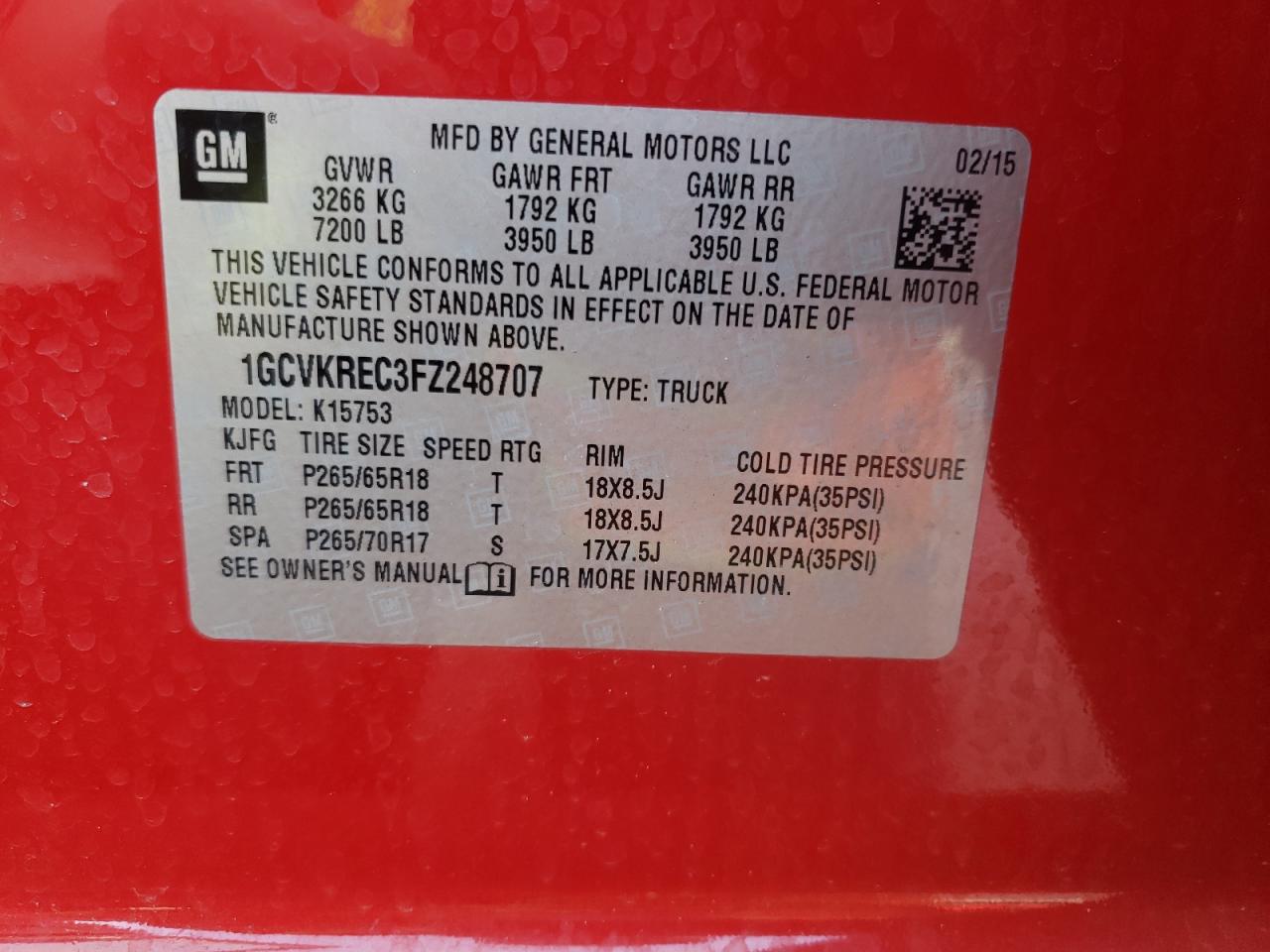 Photo 10 from auction – 2015 CHEVROLET SILVERADO with VIN 1GCVKREC3FZ248707